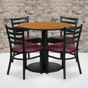 Wholesale 36'' Round Natural Laminate Table Set with Round Base and 4 Ladder Back Metal Chairs - Burgundy Vinyl Seat