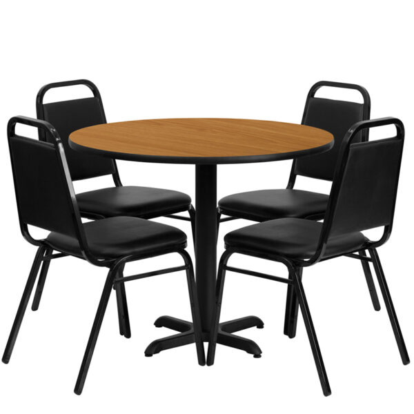 Lowest Price 36'' Round Natural Laminate Table Set with X-Base and 4 Black Trapezoidal Back Banquet Chairs