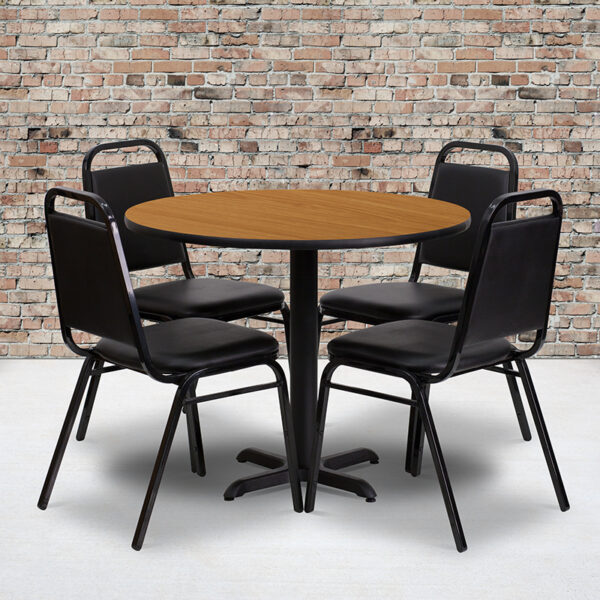 Wholesale 36'' Round Natural Laminate Table Set with X-Base and 4 Black Trapezoidal Back Banquet Chairs