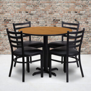 Wholesale 36'' Round Natural Laminate Table Set with X-Base and 4 Ladder Back Metal Chairs - Black Vinyl Seat