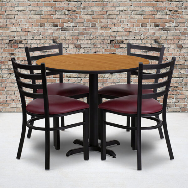 Wholesale 36'' Round Natural Laminate Table Set with X-Base and 4 Ladder Back Metal Chairs - Burgundy Vinyl Seat