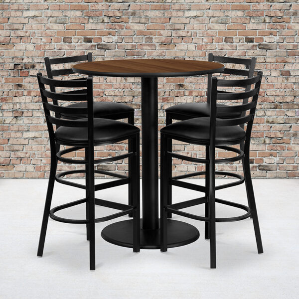 Wholesale 36'' Round Walnut Laminate Table Set with 4 Ladder Back Metal Barstools - Black Vinyl Seat
