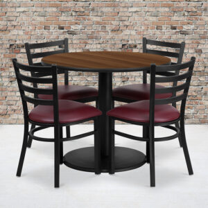 Wholesale 36'' Round Walnut Laminate Table Set with Round Base and 4 Ladder Back Metal Chairs - Burgundy Vinyl Seat