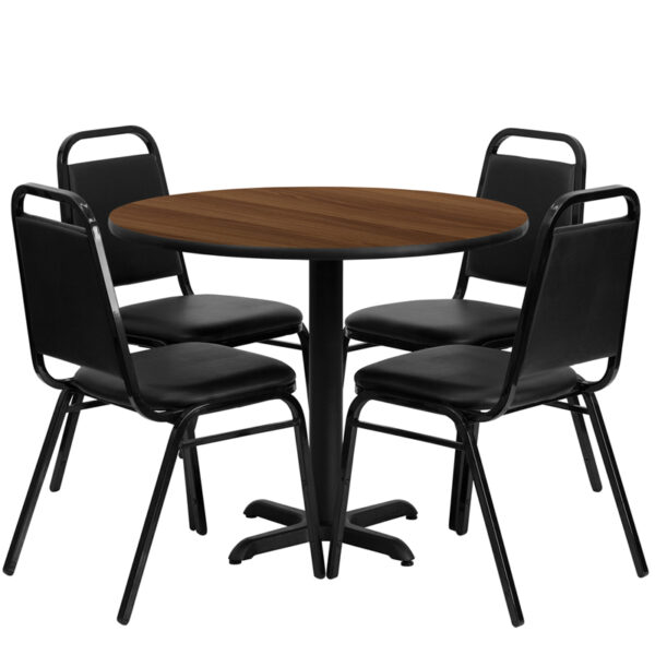 Lowest Price 36'' Round Walnut Laminate Table Set with X-Base and 4 Black Trapezoidal Back Banquet Chairs