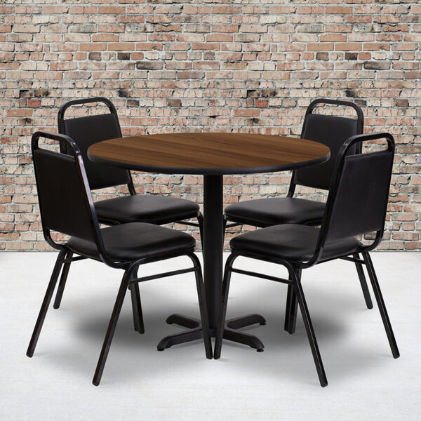 Wholesale 36'' Round Walnut Laminate Table Set with X-Base and 4 Black Trapezoidal Back Banquet Chairs
