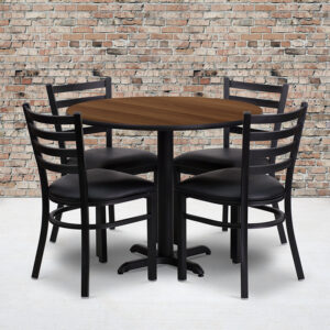 Wholesale 36'' Round Walnut Laminate Table Set with X-Base and 4 Ladder Back Metal Chairs - Black Vinyl Seat
