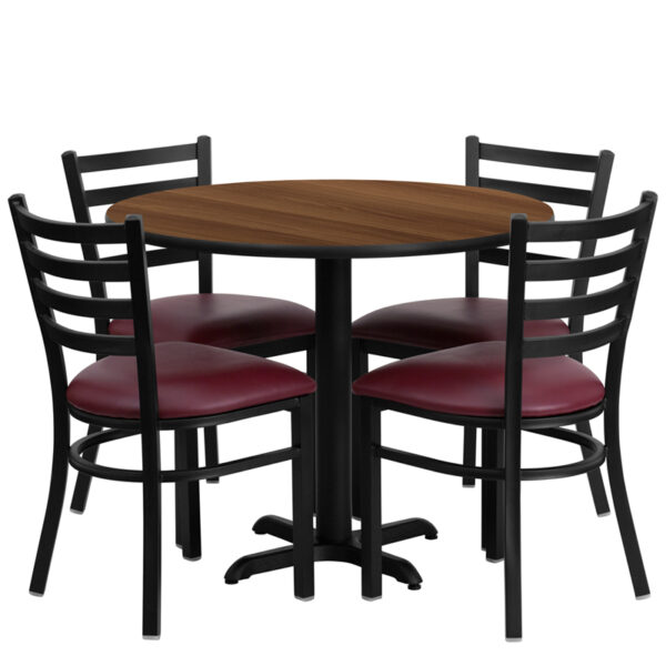 Lowest Price 36'' Round Walnut Laminate Table Set with X-Base and 4 Ladder Back Metal Chairs - Burgundy Vinyl Seat