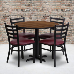 Wholesale 36'' Round Walnut Laminate Table Set with X-Base and 4 Ladder Back Metal Chairs - Burgundy Vinyl Seat