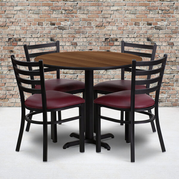 Wholesale 36'' Round Walnut Laminate Table Set with X-Base and 4 Ladder Back Metal Chairs - Burgundy Vinyl Seat