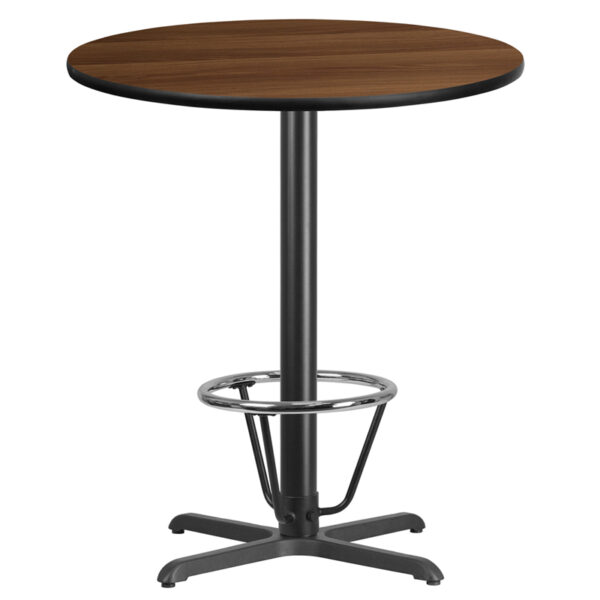 Wholesale 36'' Round Walnut Laminate Table Top with 30'' x 30'' Bar Height Table Base and Foot Ring
