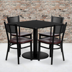 Wholesale 36'' Square Black Laminate Table Set with 4 Grid Back Metal Chairs - Mahogany Wood Seat