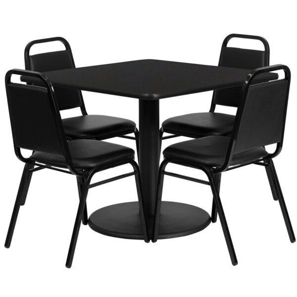 Lowest Price 36'' Square Black Laminate Table Set with Round Base and 4 Black Trapezoidal Back Banquet Chairs