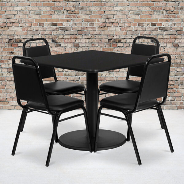 Wholesale 36'' Square Black Laminate Table Set with Round Base and 4 Black Trapezoidal Back Banquet Chairs