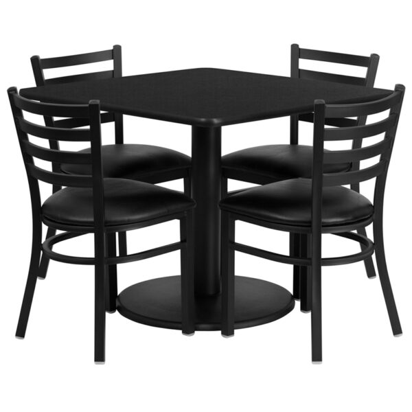 Lowest Price 36'' Square Black Laminate Table Set with Round Base and 4 Ladder Back Metal Chairs - Black Vinyl Seat
