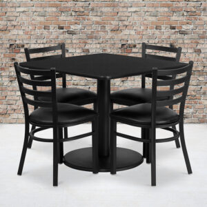 Wholesale 36'' Square Black Laminate Table Set with Round Base and 4 Ladder Back Metal Chairs - Black Vinyl Seat