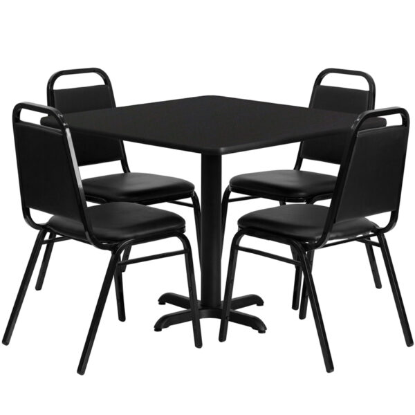 Lowest Price 36'' Square Black Laminate Table Set with X-Base and 4 Black Trapezoidal Back Banquet Chairs