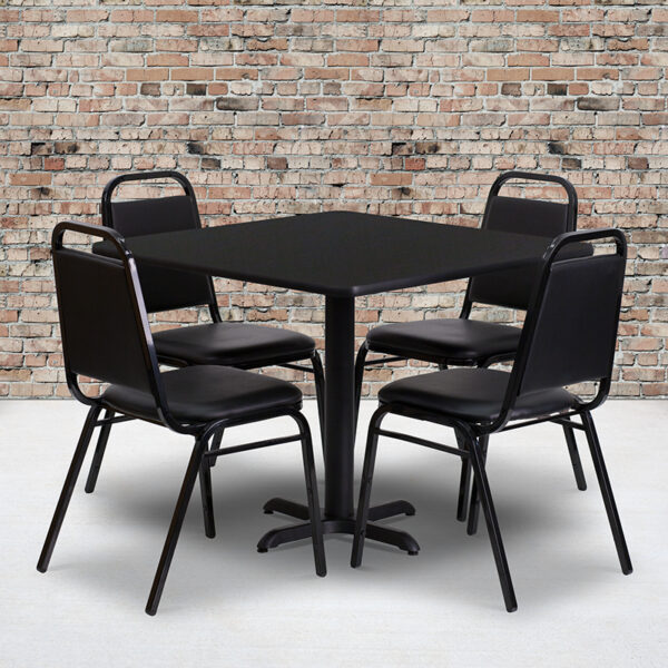 Wholesale 36'' Square Black Laminate Table Set with X-Base and 4 Black Trapezoidal Back Banquet Chairs