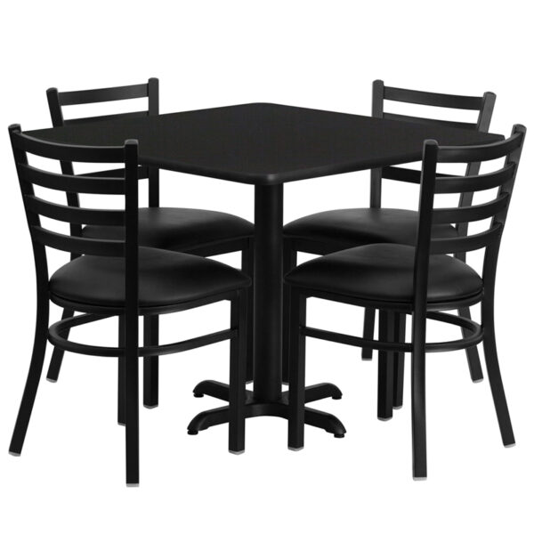 Lowest Price 36'' Square Black Laminate Table Set with X-Base and 4 Ladder Back Metal Chairs - Black Vinyl Seat