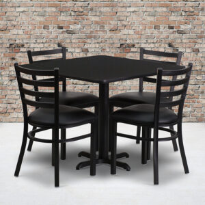 Wholesale 36'' Square Black Laminate Table Set with X-Base and 4 Ladder Back Metal Chairs - Black Vinyl Seat