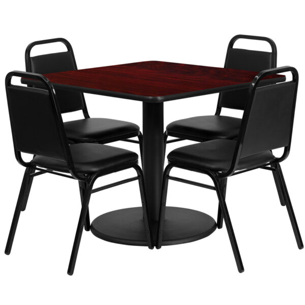 Lowest Price 36'' Square Mahogany Laminate Table Set with Round Base and 4 Black Trapezoidal Back Banquet Chairs