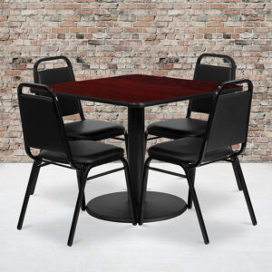 Wholesale 36'' Square Mahogany Laminate Table Set with Round Base and 4 Black Trapezoidal Back Banquet Chairs