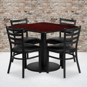 Wholesale 36'' Square Mahogany Laminate Table Set with Round Base and 4 Ladder Back Metal Chairs - Black Vinyl Seat