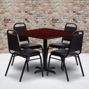 Wholesale 36'' Square Mahogany Laminate Table Set with X-Base and 4 Black Trapezoidal Back Banquet Chairs