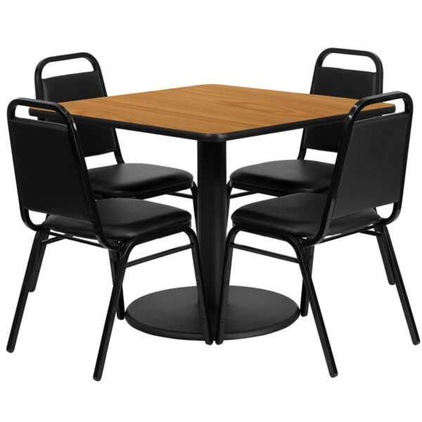 Lowest Price 36'' Square Natural Laminate Table Set with Round Base and 4 Black Trapezoidal Back Banquet Chairs