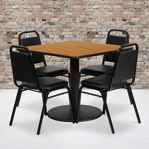 Wholesale 36'' Square Natural Laminate Table Set with Round Base and 4 Black Trapezoidal Back Banquet Chairs