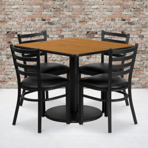 Wholesale 36'' Square Natural Laminate Table Set with Round Base and 4 Ladder Back Metal Chairs - Black Vinyl Seat