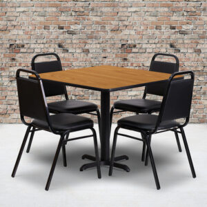 Wholesale 36'' Square Natural Laminate Table Set with X-Base and 4 Black Trapezoidal Back Banquet Chairs