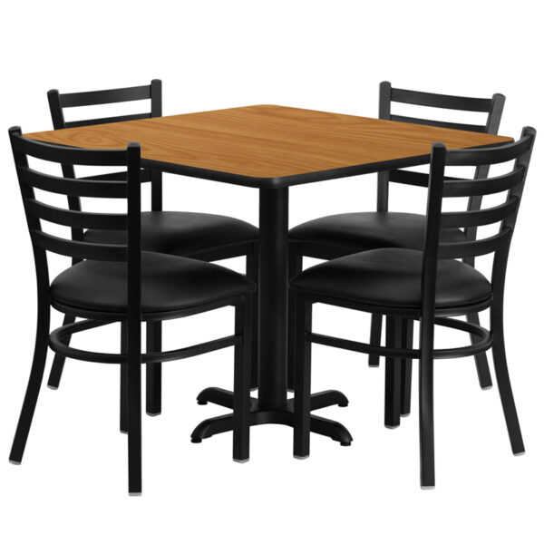 Lowest Price 36'' Square Natural Laminate Table Set with X-Base and 4 Ladder Back Metal Chairs - Black Vinyl Seat