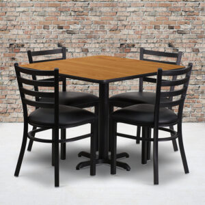 Wholesale 36'' Square Natural Laminate Table Set with X-Base and 4 Ladder Back Metal Chairs - Black Vinyl Seat