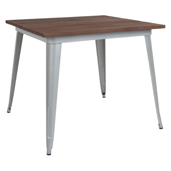 Wholesale 36" Square Silver Metal Indoor Table with Walnut Rustic Wood Top