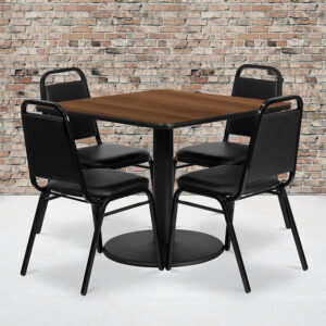 Wholesale 36'' Square Walnut Laminate Table Set with Round Base and 4 Black Trapezoidal Back Banquet Chairs