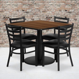 Wholesale 36'' Square Walnut Laminate Table Set with Round Base and 4 Ladder Back Metal Chairs - Black Vinyl Seat