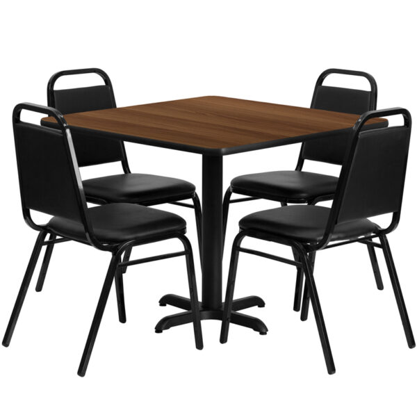 Lowest Price 36'' Square Walnut Laminate Table Set with X-Base and 4 Black Trapezoidal Back Banquet Chairs
