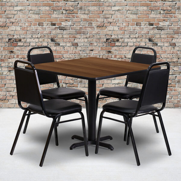 Wholesale 36'' Square Walnut Laminate Table Set with X-Base and 4 Black Trapezoidal Back Banquet Chairs