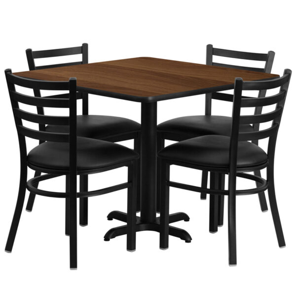 Lowest Price 36'' Square Walnut Laminate Table Set with X-Base and 4 Ladder Back Metal Chairs - Black Vinyl Seat
