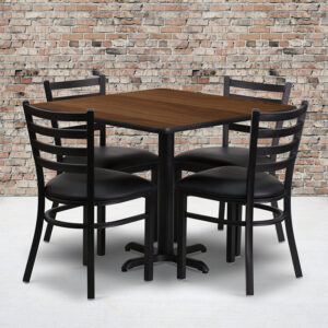 Wholesale 36'' Square Walnut Laminate Table Set with X-Base and 4 Ladder Back Metal Chairs - Black Vinyl Seat