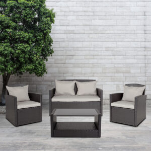 Wholesale Aransas Series 4 Piece Black Patio Set with Gray Back Pillows and Seat Cushions