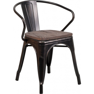 Wholesale Black-Antique Gold Metal Chair with Wood Seat and Arms