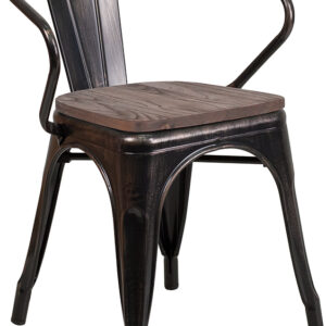 Wholesale Black-Antique Gold Metal Chair with Wood Seat and Arms