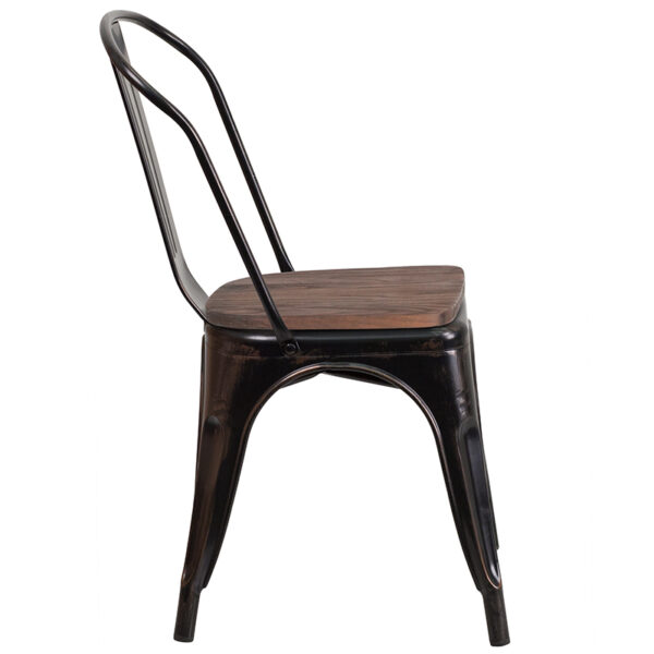 Lowest Price Black-Antique Gold Metal Stackable Chair with Wood Seat