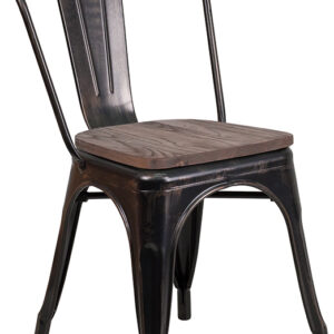 Wholesale Black-Antique Gold Metal Stackable Chair with Wood Seat