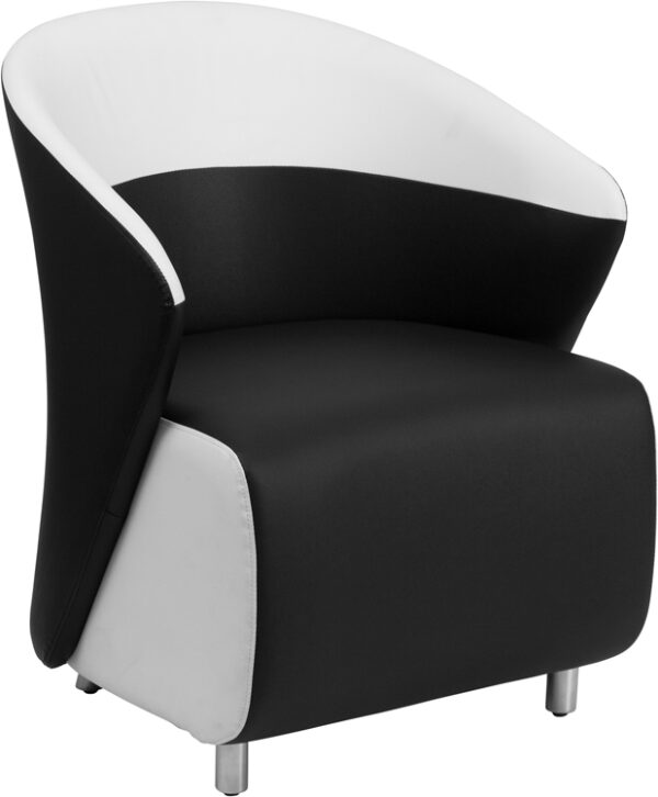 Wholesale Black Leather Curved Barrel Back Lounge Chair with Melrose White Detailing