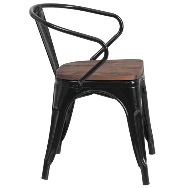 Lowest Price Black Metal Chair with Wood Seat and Arms
