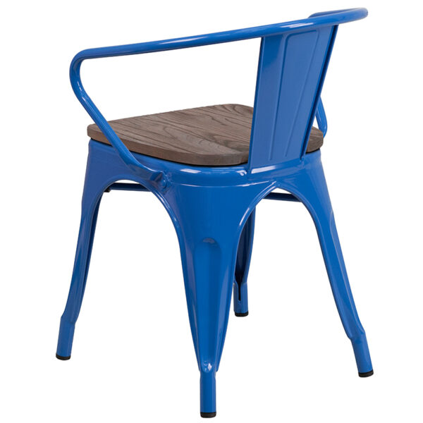 Stackable Bistro Style Chair Blue Metal Chair With Arms