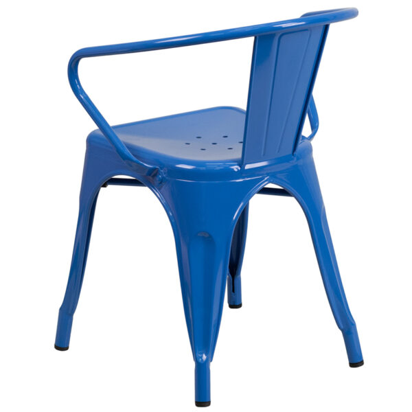 Stackable Bistro Style Chair Blue Metal Chair With Arms