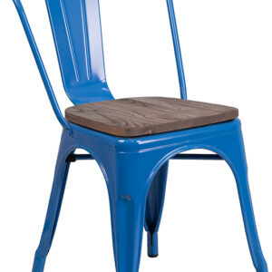 Wholesale Blue Metal Stackable Chair with Wood Seat
